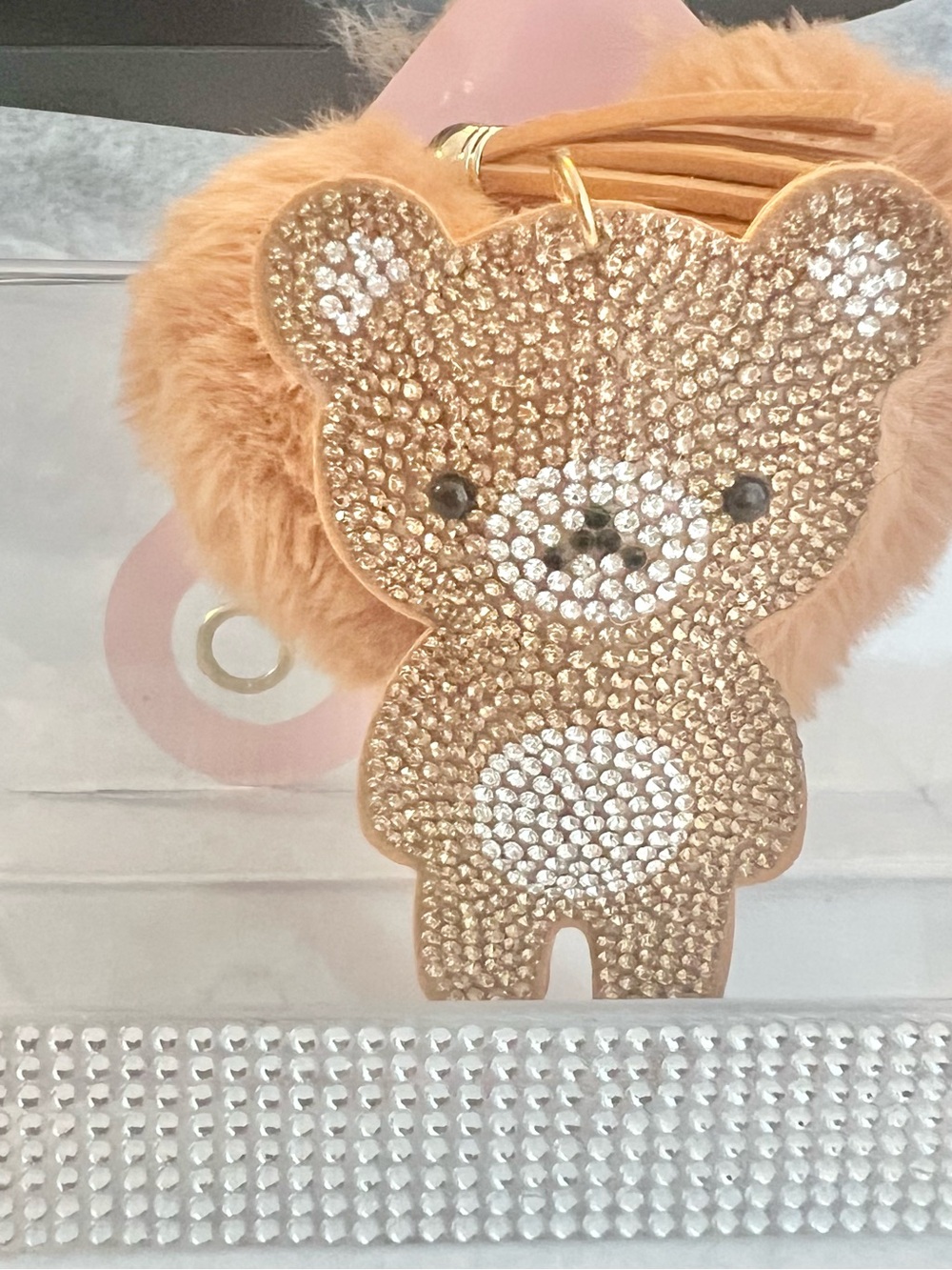 Posh Gold Crystal Teddy & Beige Pom Bag Charm NWT - Picture 3 of 6